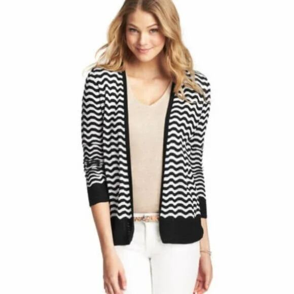 LOFT Lightweight Black & White Wavy Stripe Open Front Cardigan Sweater, XSP - Picture 2 of 13